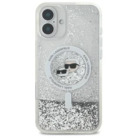 Karl Lagerfeld Liquid Glitter Karl & Choupette Head Magnētiskais iPhone 16 Plus viedtālruņa apvalks - caurspīdīgs
