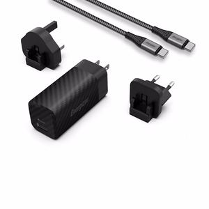 Energizer Ultimate A65MUC GaN ceļojumu sienas lādētājs ar EU / UK / US spraudņiem, USB-C + USB-A, 65 W PD, ar USB-C kabeli, melns