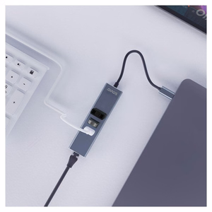 Savio AK-57 USB-C – 3x USB-A centrmezgls ar RJ-45 gigabitu Ethernet adapteri, 5000 Mbit/s, pelēks