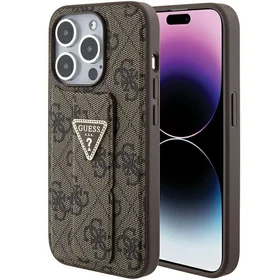 Guess Grip Stand 4G Triangle Strass viedtālruņa apvalks iPhone 15 Pro - brūns