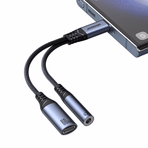 2‑in‑1 audio adapteris Joyroom SY-C02 Type-C uz 3.5mm + Type-C (melns)