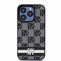 DKNY Ādas rūtainais mono raksts un drukātās svītras viedtālruņa apvalks iPhone 15 Pro - melns