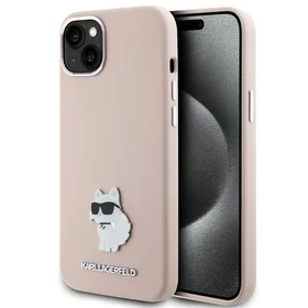 Karl Lagerfeld silikona Choupette Metal Pin viedtālruņa apvalks iPhone 15 Plus / 14 Plus - rozā