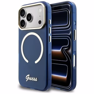 Guess IML Script Metal MagSafe Maciņš for iPhone 17 Pro - zils