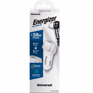 Energizer Ultimate D38WS auto lādētājs, USB-C + USB-A, 38 W PD + QC 3,0, baltā un sudraba krāsā