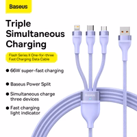 Baseus kabelis Flash Series II 3 in 1 - USB uz Type C, Lightning, Micro USB - 66W 6A 1,2 metri (CASS040005) violets