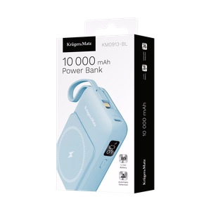 Krüger&Matz magnētiskais bezvadu ārējais akumulators ar kabeli, 10000 mAh, zils