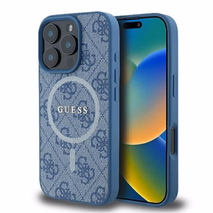 Guess 4G gredzena klasiskā logotipa magnētiskais viedtālruņa apvalks iPhone 16 Pro - zils