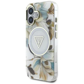 Guess Glitter Flowers Triangle Buttons Magnētiskais viedtālruņa apvalks iPhone 16 - balts