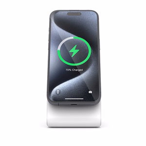 Crong MagSpot Stand 2 vienā bezvadu lādētājs iPhone un AirPods ierīcēm, saderīgs ar MagSafe, balts