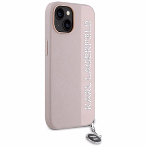 Karl Lagerfeld Saffiano Rhinestones & Charm viedtālruņa apvalks iPhone 15 / 14 / 13 - rozā