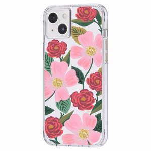 Rifle Paper Clear vāciņš ierīcei iPhone 14 Plus, ar zelta krāsas rotājumu, ar “Rose Garden” rakstu