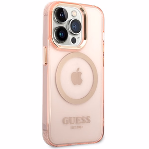 Guess GUHMP14XHTCMP iPhone 14 Pro Max 6.7" rozā/rozā cietais apvalks Zelta Kontūra Caurspīdīgs Magnētiskais