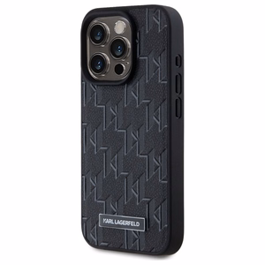 Karl Lagerfeld Ādas monogramma Metāla logotips Magnētiskais viedtālruņa apvalks iPhone 15 Pro - melns