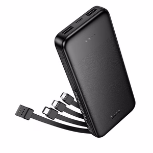 Portatīvais lādētājs Hoco 10000 mAh 2A ar četriem iebūvētiem kabeļiem USB A + USB C + Lightning + Micro USB J163 melns