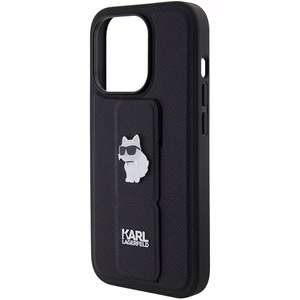 Karl Lagerfeld viedtālruņa apvalks ar statīvu Gripstand Saffiano Choupette Pins iPhone 15 Pro - melns