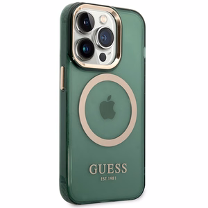 Viedtālruņa apvalks Guess GUHMP14LHTCMA iPhone 14 Pro 6.1" zaļa/haki cietais apvalks Zelta Kontūra Caurspīdīgs MagSafe