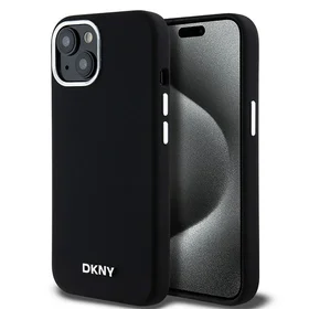 DKNY apvalks no šķidrā silikona MagSafe viedtālrunim iPhone 15 Plus / 14 Plus ar metāla logotipu - melns (m)
