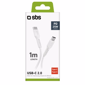 SBS TECABLETCC10W USB-C kabelis - USB-C Power Delivery 25W 1 m - balts