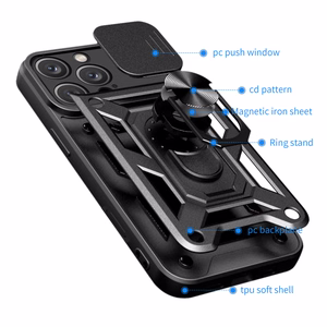 Hybrid Armor Camshield viedtālruņa apvalks iPhone 16 Pro ar kameras vāciņu un statīvu - melns