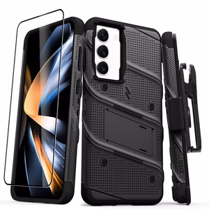 ZIZO BOLT Series bruņota vāciņa komplekts Samsung Galaxy S23+ ar 9H ekrāna stiklu, iebūvētu statīvu un pie jostas stiprināmu turētāju, melns