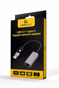 Gembird A-USB3AC-LAN-01 USB 3.1 + type-C Gigabit network adapter, space pelēks