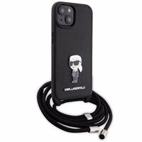 Karl Lagerfeld krustveida Saffiano monogramma metāla piespraude Karl & Choupette viedtālruņa apvalks iPhone 15 - melns
