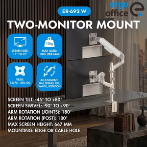 Ergo Office ER-692 W – divu monitoru turētājs ar gāzes atsperēm 17–32 collu ekrāniem, 1–10 kg uz katru, matēti balts