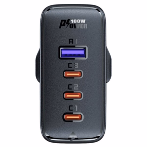 Ātrais GaN 100W Power Delivery lādētājs 3x USB C 1x USB ar Lielbritānijas spraudni - melns