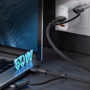 3mk Hyper Cable N-SERIES 2 in 2 USB-A / USB-C un USB-C / Lightning 1,2 m QC 3.0 9V/2A 60W - melns