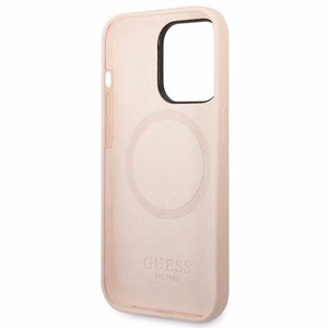 Guess Silicone Logo Plate MagSafe maciņš iPhone 14 Pro, rozā