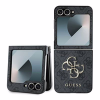 Guess Ādas 4G Metāla Logotips Viedtālruņa apvalks Samsung Galaxy Z Flip 6 - Melna
