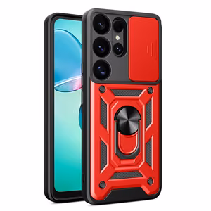 Hibrīda bruņots apvalks Camshield ar kameras vāciņu un metāla gredzenu Samsung Galaxy S25 Ultra - sarkans