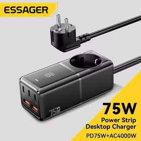 Lādētājs Essager "Boru GaN" Melns 75W (3xPD / 2xQC3.0 / 4kW-16A-250V)