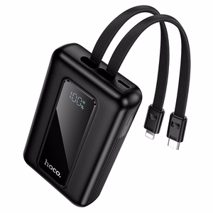 Hoco J162 ārējais akumulators ar iebūvētiem USB-C un Lightning kabeļiem, 10000 mAh, QC, PD, 22,5 W, melns