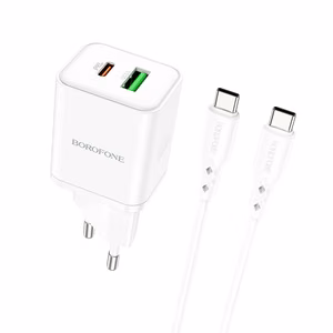 Borofone BN7 Wall Charger - USB + Type C - QC 3.0 PD 20W with Type C to Type C cable White