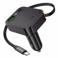 Automobiļa lādētājs Hoco ar ievilkamu kabeli 2 x USB C + USB A QC PD 65W NZ18 melns