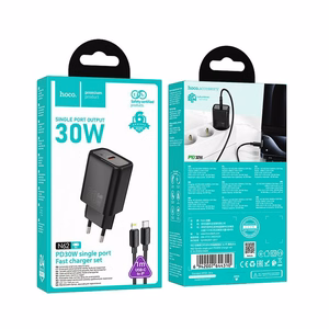 Lādētājs viedtālrunim Hoco USB C QC PD 30W + kabelis USB C uz Lightning N62 melns
