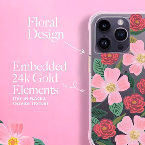 Rifle Paper Clear vāciņš ierīcei iPhone 14 Pro, ar zelta krāsas rotājumu, ar “Rose Garden” rakstu