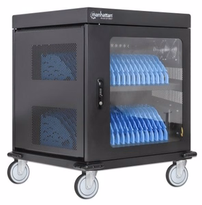 Manhattan klēpjdatora uzlādes ratiņi ar AC adapteri (ES) 32 nodalījumi, piemēroti visiem klēpjdatoriem (līdz 15,6"), iPad, MacBook, Chromebook un citām USB-C ierīcēm, nodalījumu izmēri 380x30x280mm, skapītis, ar atslēgu