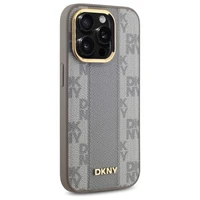 DKNY Ādas rūtainais mono raksts Magnētiskais viedtālruņa apvalks iPhone 14 Pro - bēša