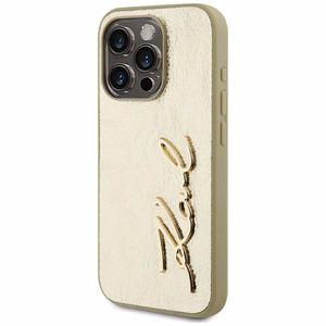Karl Lagerfeld Wrinkled Metal Signature viedtālruņa apvalks iPhone 15 Pro - zelta