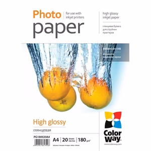 ColorWay PG180020A4 – balts glancēts fotopapīrs, 180 g/m², A4, 20 loksnes