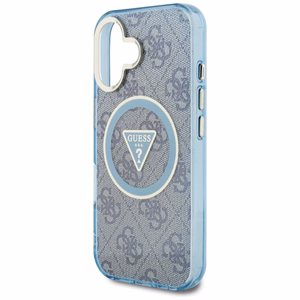 Guess IML Metal Glitter 4G Circle Triangle magnētiskais viedtālruņa apvalks iPhone 16 - zils