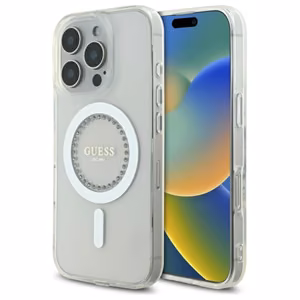 Guess IML Rhinestones magnētiskais viedtālruņa apvalks iPhone 16 Pro - balts