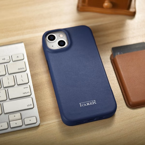 iCarer CE Premium ādas folio viedtālruņa apvalks iPhone 14 Plus magnētiskais atveramais ādas folio apvalks MagSafe zila