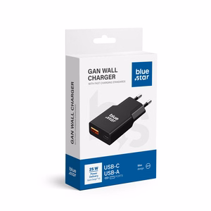 Ceļojumu lādētājs Blue Star Slim GaN 1x Type C + 1x USB A PD QC4.0 3A 25W melns