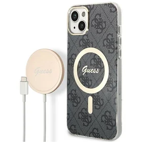 Komplekts Guess GUBPP14MH4EACSK apvalks + lādētājs iPhone 14 Plus 6.7" melns/melns cietais apvalks 4G Print Magnētiskais