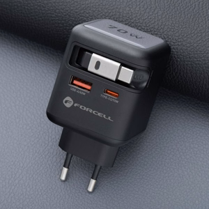 FORCELL F-ENERGY GaN III VT-R7 ceļojumu lādētājs ar izvelkamu kabeli Type C un 1x Type C, 1x USB A uzlādes portiem PD QC4.0 3A 70W pelēks