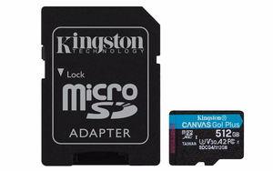 Kingston Atmiņas karte 512GB microSDXC Canvas Go Plus Gen4 200MB/s A2 U3 V30 + adapteris